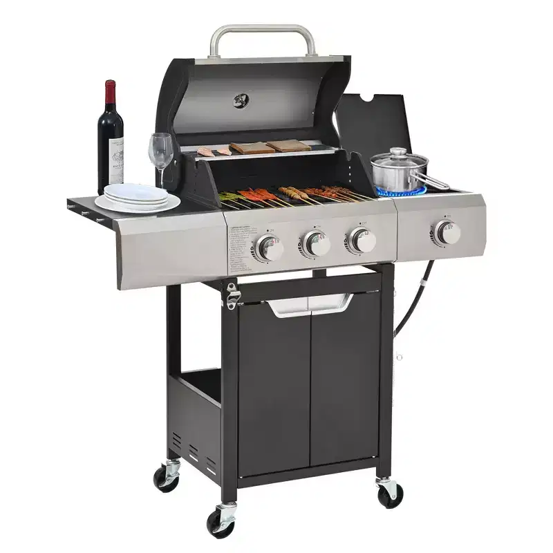 Okak Stainless Steel Propane Grill with 3/4 Burners, Bbq Grill with Side Burner and 2 Cabinet Doors, Outdoor Grill for BBQ, Camping