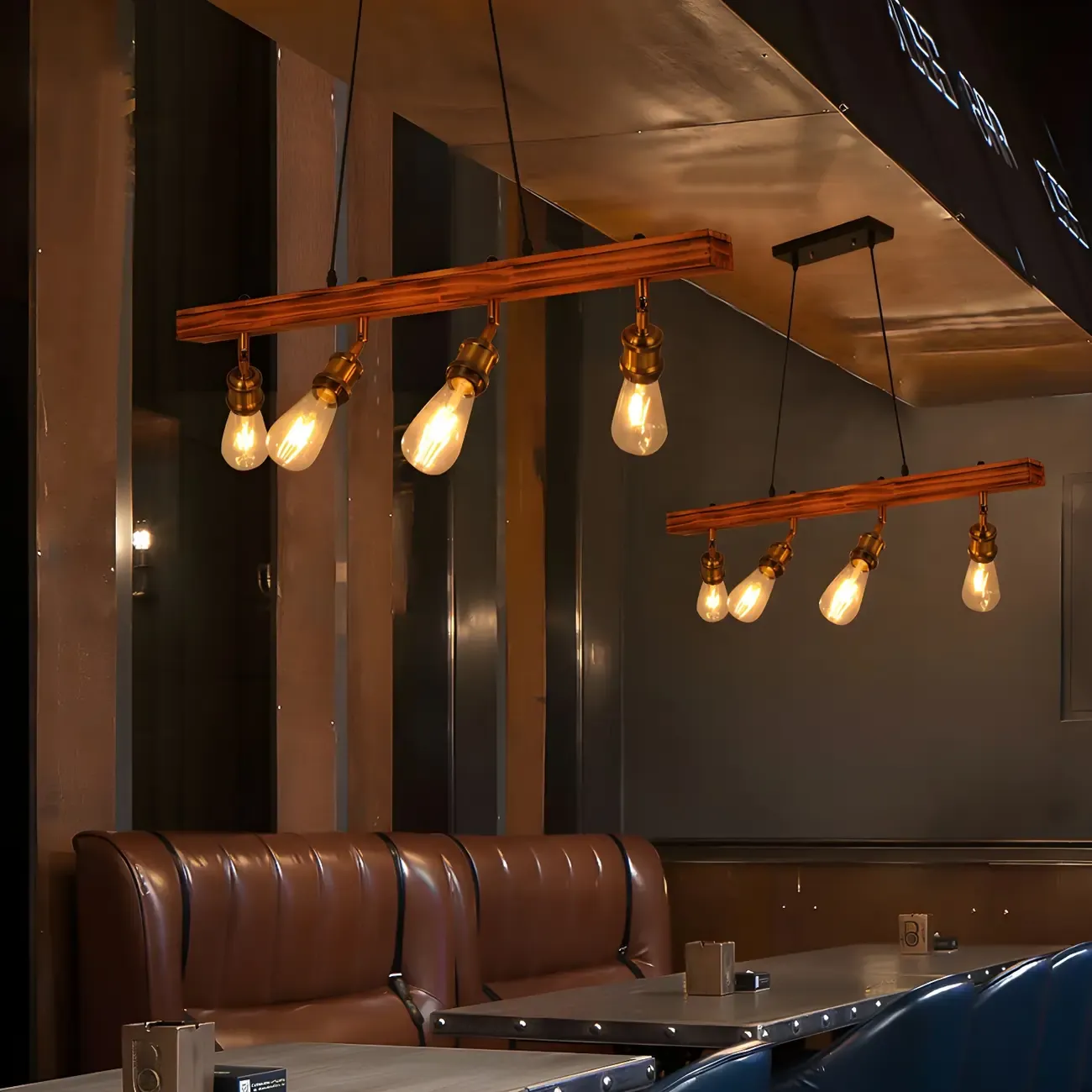 Industrial Brown Wood Brass Adjustable 31.5 Pendant Light