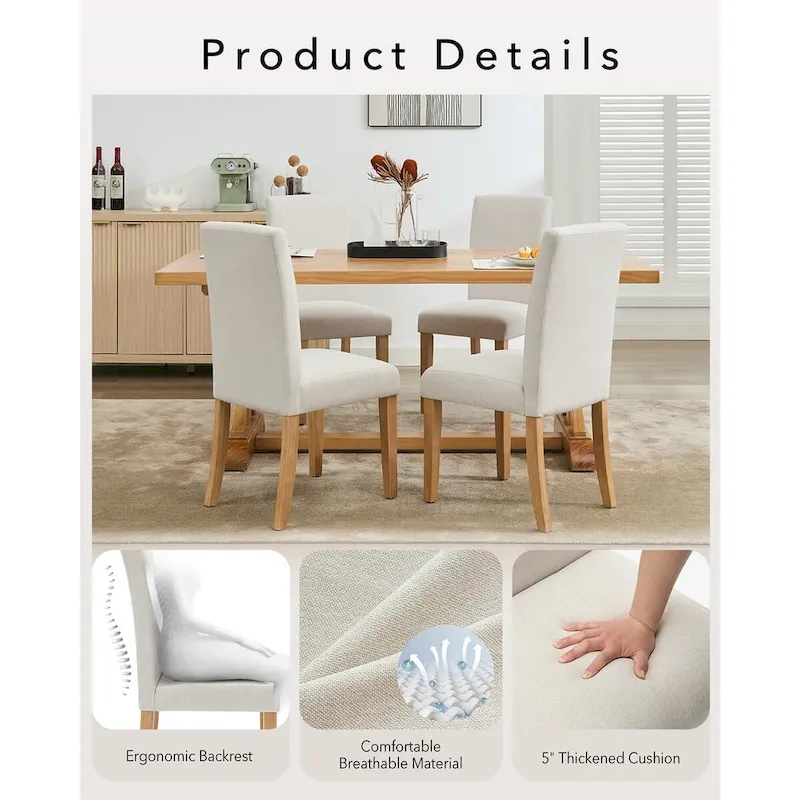 Modern Fabric Dining Chair Set of 4, Upholstered Kitchen Chair with Curved Backrest Wood Legs