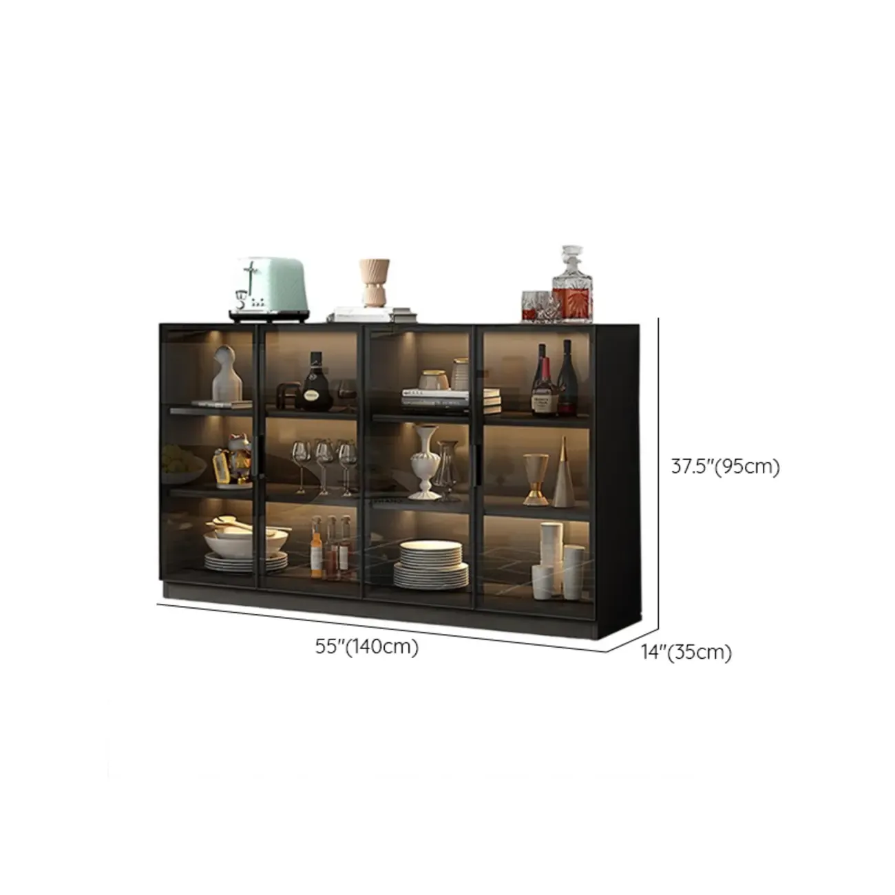 Large 3 Shelves Glass Wood Black Sideboard with LED Light