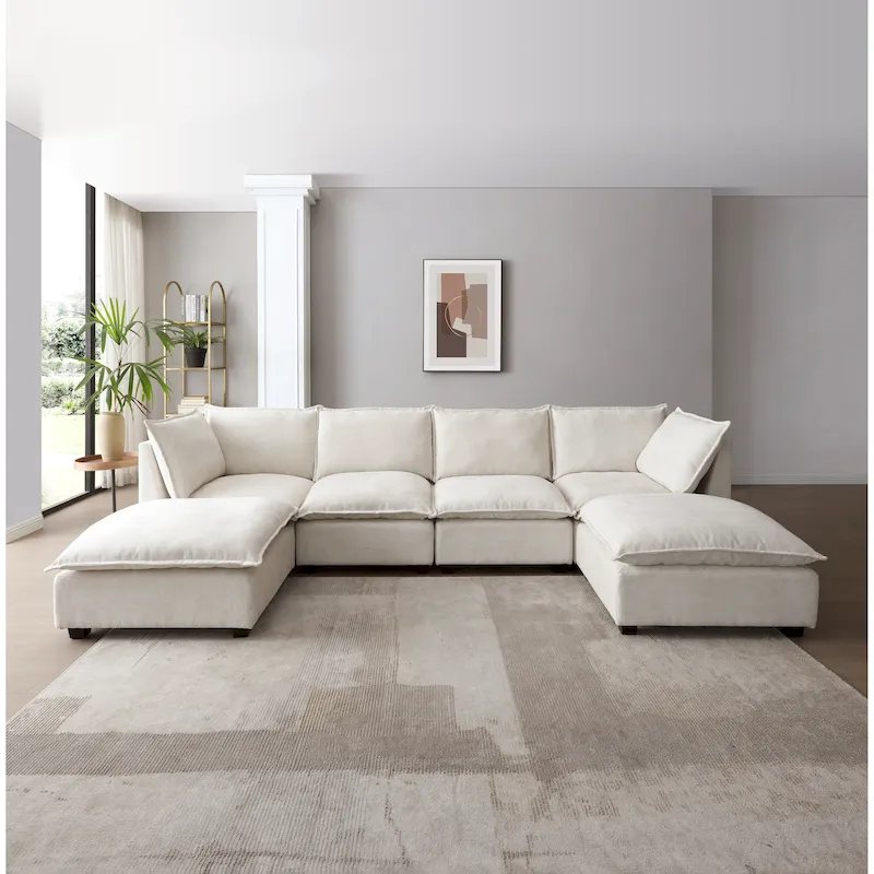 Beige U-Shaped 6-Seat Modular Sectional Sofa with Convertible Ottoman