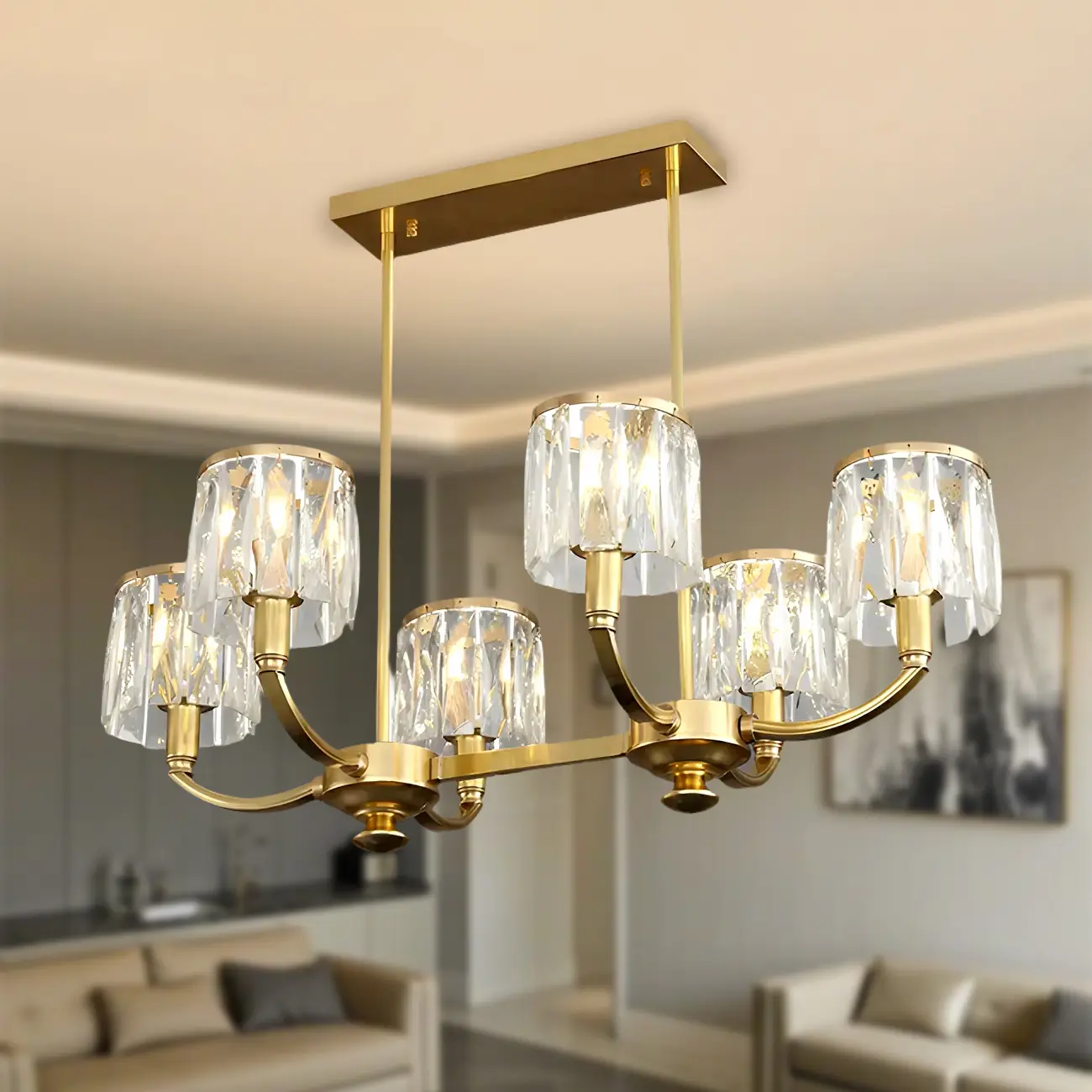 Modern Gold Crystal Cylinder Island Pendant Light for Kitchen
