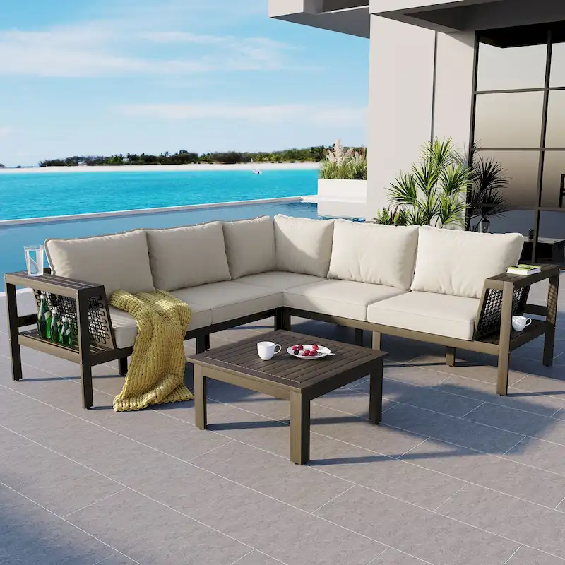 4 Piece Outdoor Patio Furniture Set, Patio L-Shaped Acacia Wood Sofa Set with Coffee Table and Woven Mesh Armrests