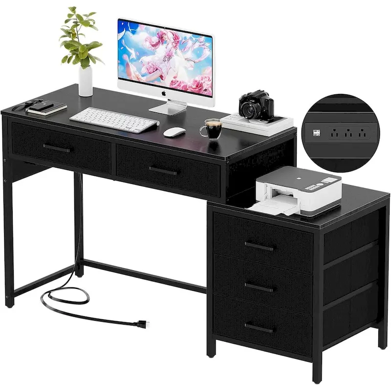55 Computer Desk with 5 Fabric Drawers,Home Office Desk with Power Outlets  Printer Stand
