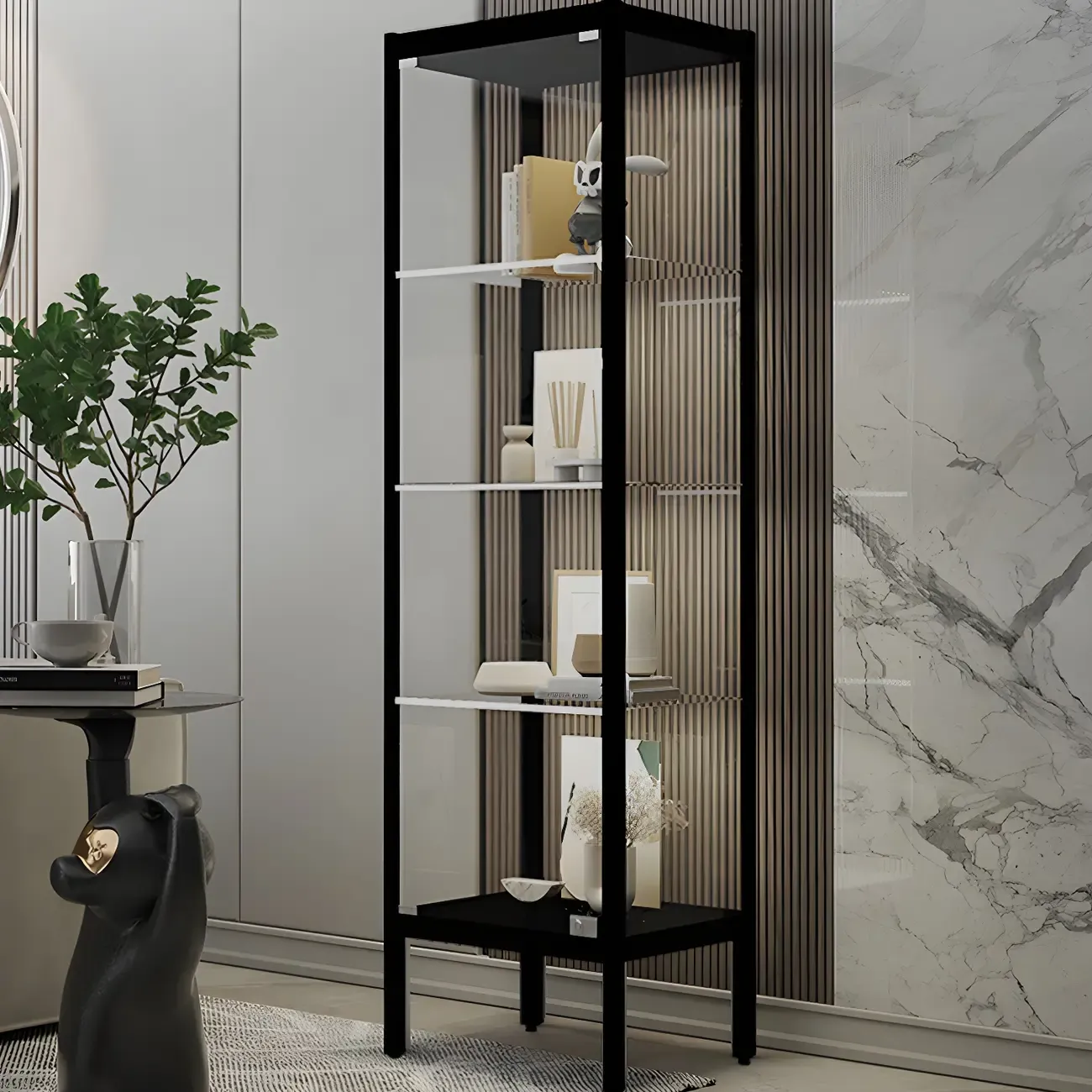 Adjustable Shelves Black Metal Glass Doors Display Cabinet