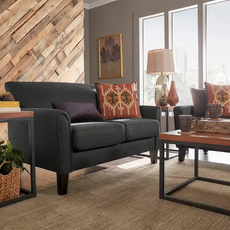 Multi-Color Fabric & Faux Leather Cushion Back Loveseat with Flared Arms – 2-Seat