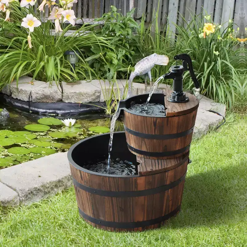 Outsunny Wood Freestanding Fountain with 2 Tier Waterfall Barrel, Electric Pump for Garden Decor, Lawn, Backyard