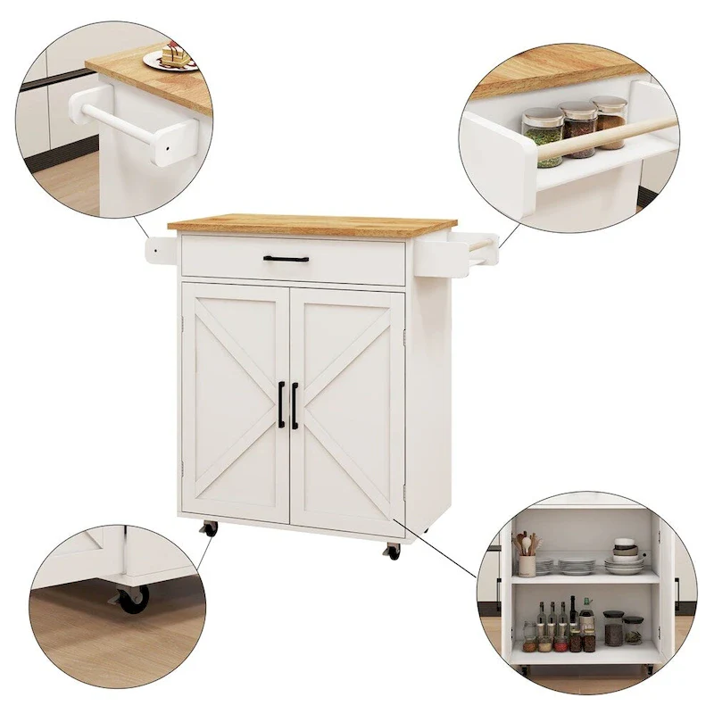 Kitchen Island Rolling Trolley Cart w/Adjustable Shelves,Wood Tabletop