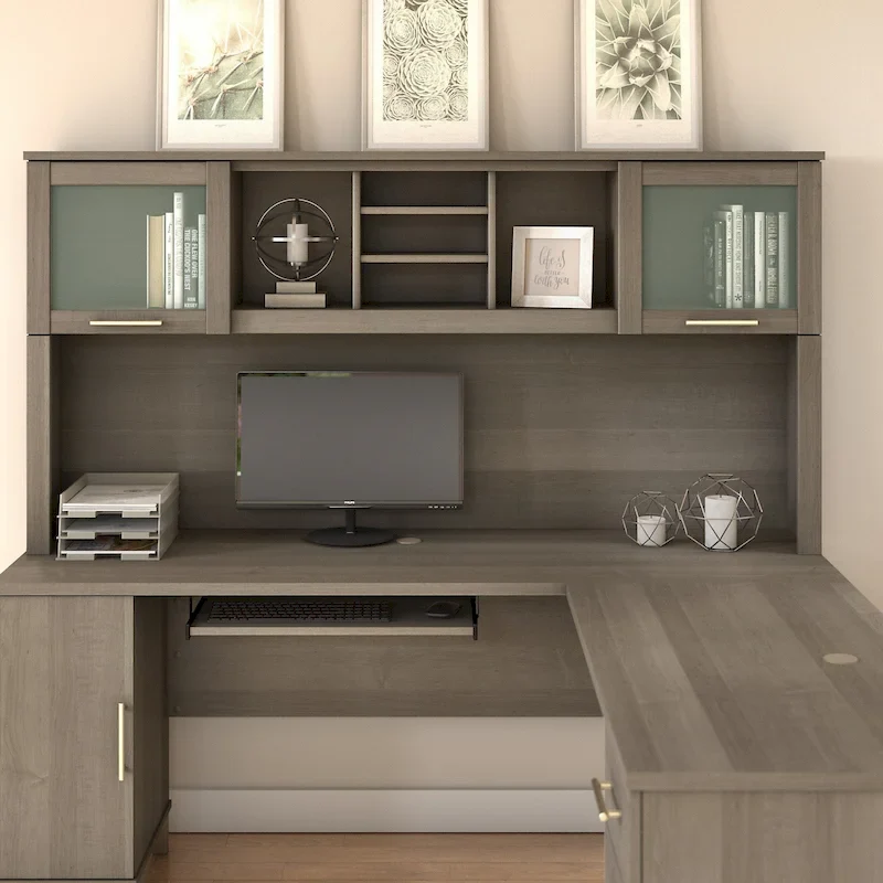 Frosted Glass Door Hutch for L-Shaped Desk — Open Shelves & Concealed Storage, 71