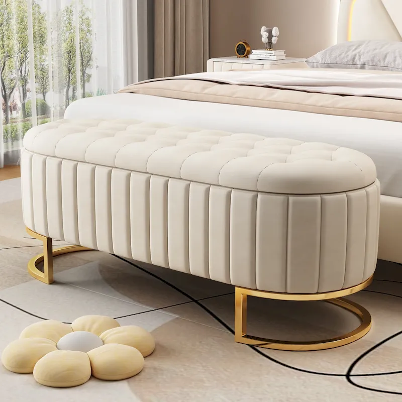 Roomfitters Elegant Velvet Storage Ottoman with Button-Tufted Design, Upholstered Bench with Metal Legs for Bedroom
