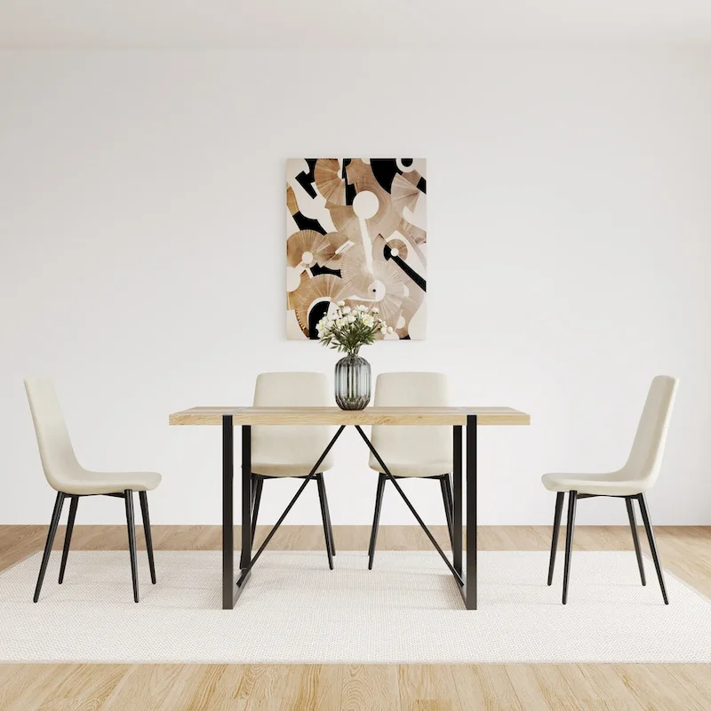 MDF Wood Colour Dining Table and Modern Dining Chairs Set of 4, Mid Century Wooden Kitchen Table Set, Metal Base & Legs