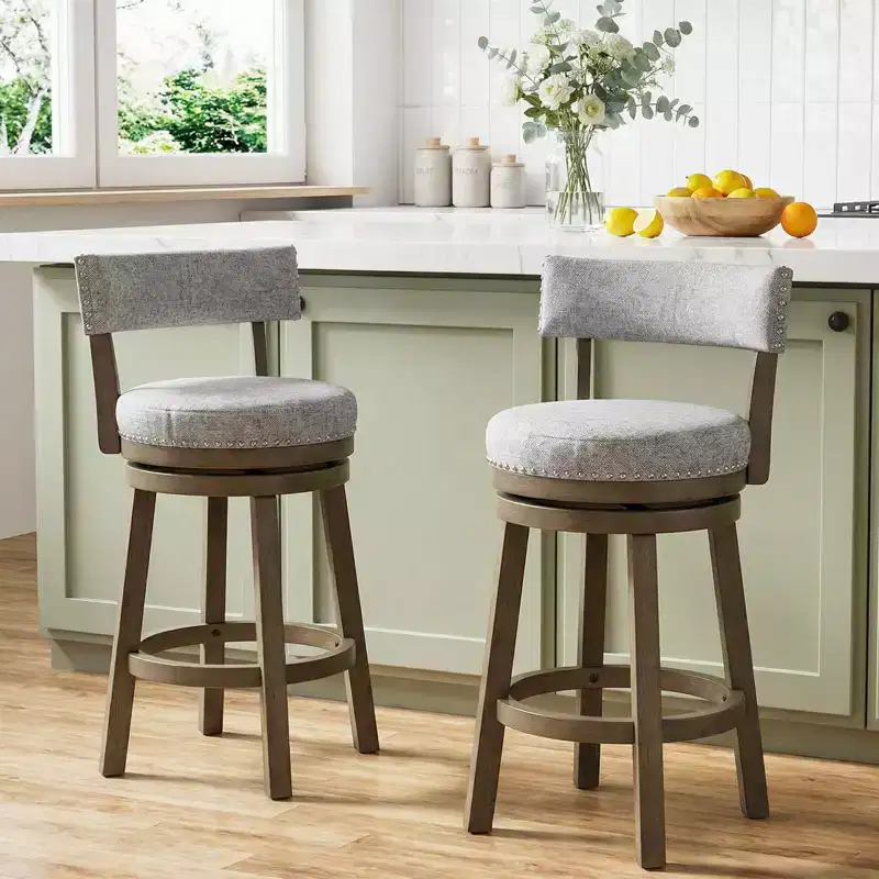 Costway Set of 2 Upholstered Swivel Bar Stools Wooden Counter Height Kitchen Chairs Gray