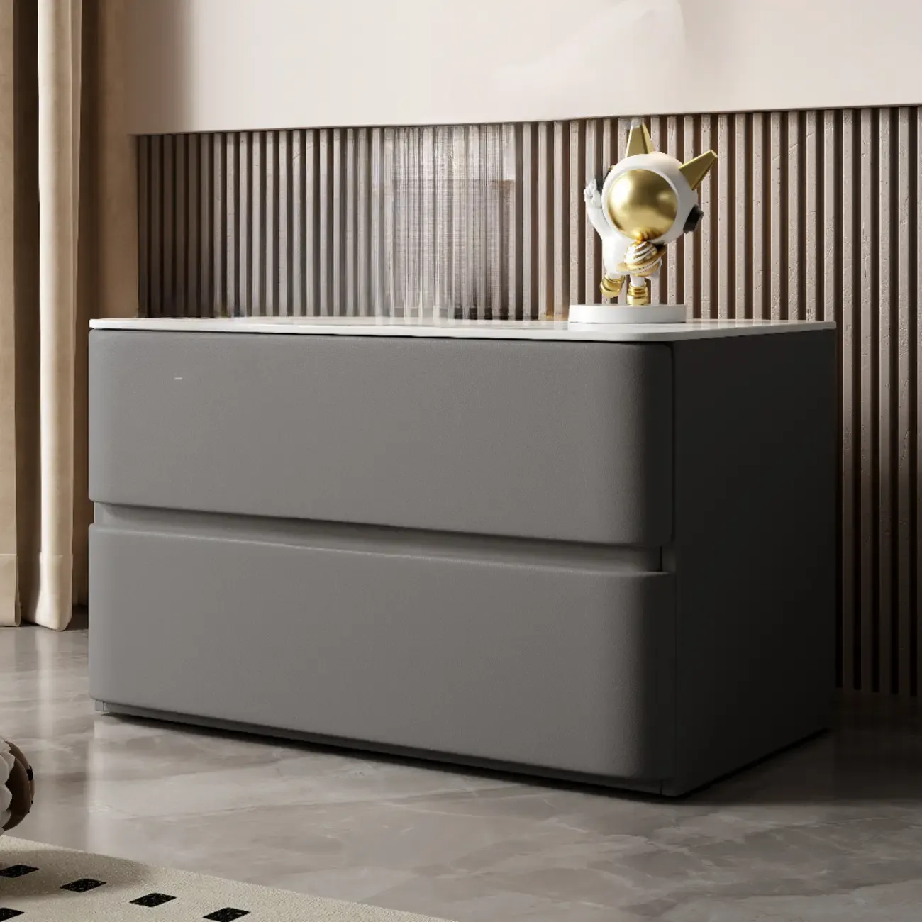 Modern Stone Top Wooden White Bedside Table 2 Drawers