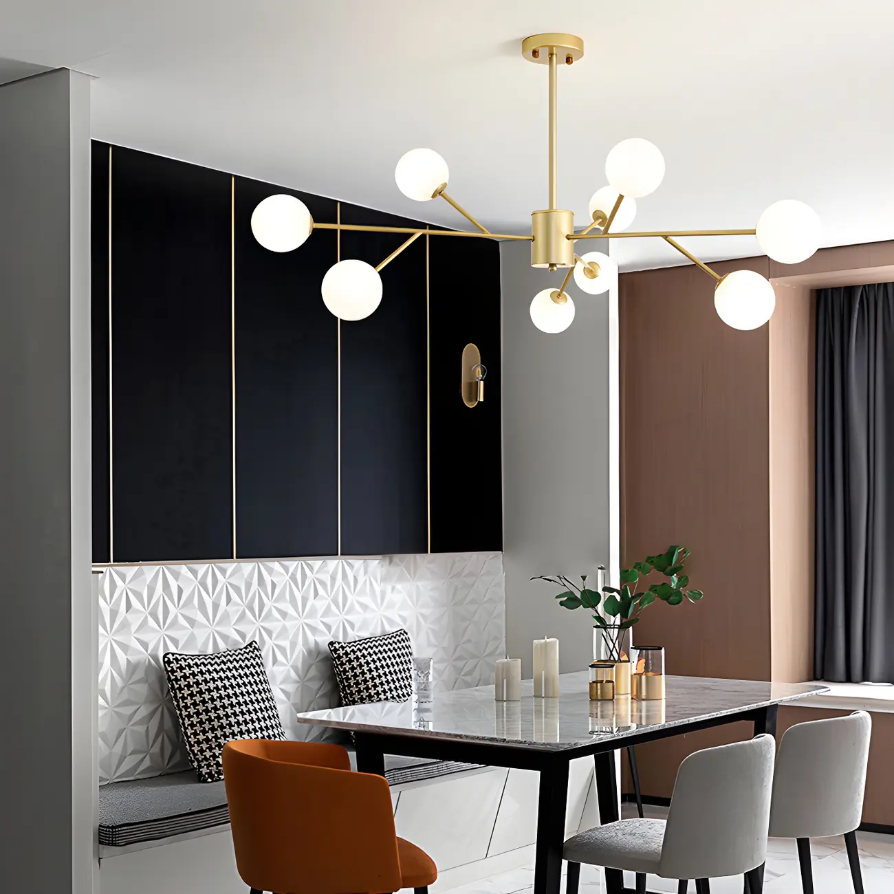 Mid-Century Modern White Globe Glass Sputnik Chandelier