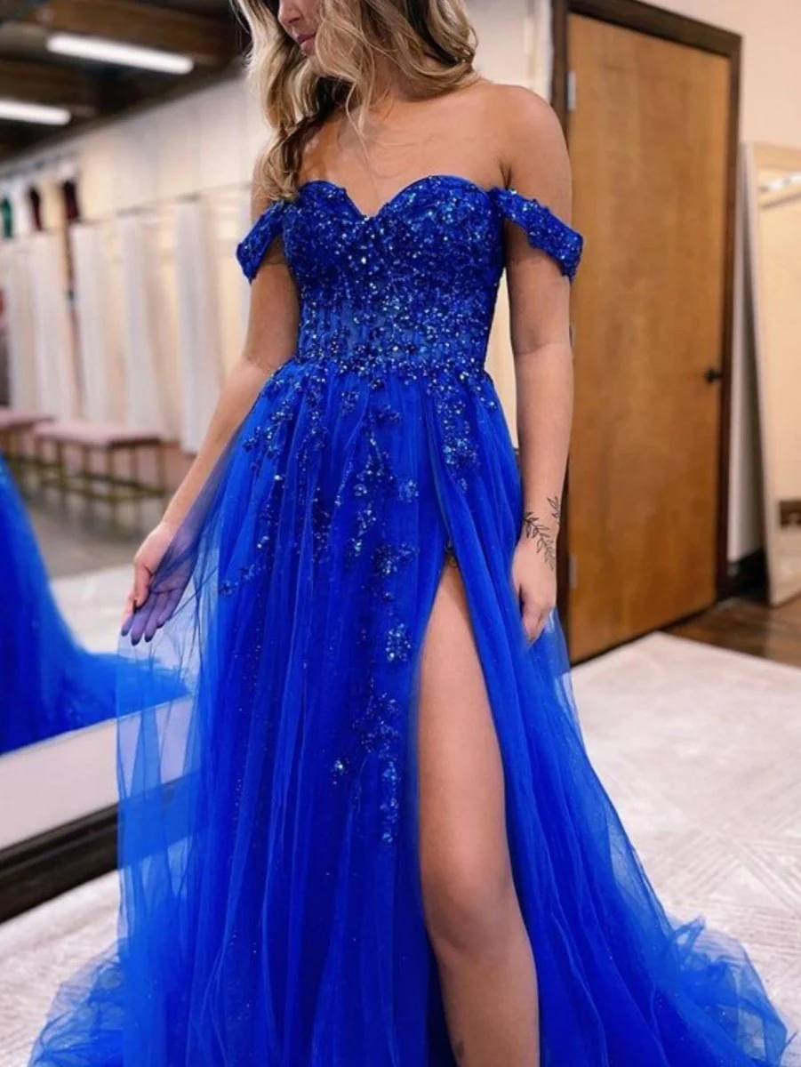 A Line Off the Shoulder Lace Tulle Prom Dress With Slit