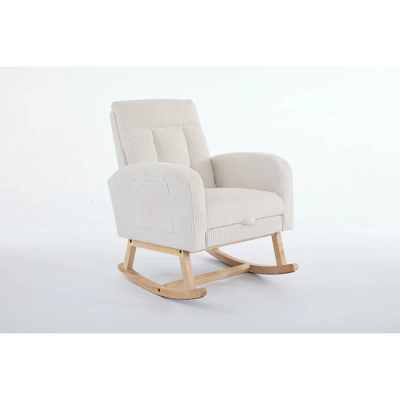 Accent Rocking Chair with Solid Wood Legs, Upholstered Nursery Glider Rocker, Comfy Armchair with Side Pocket