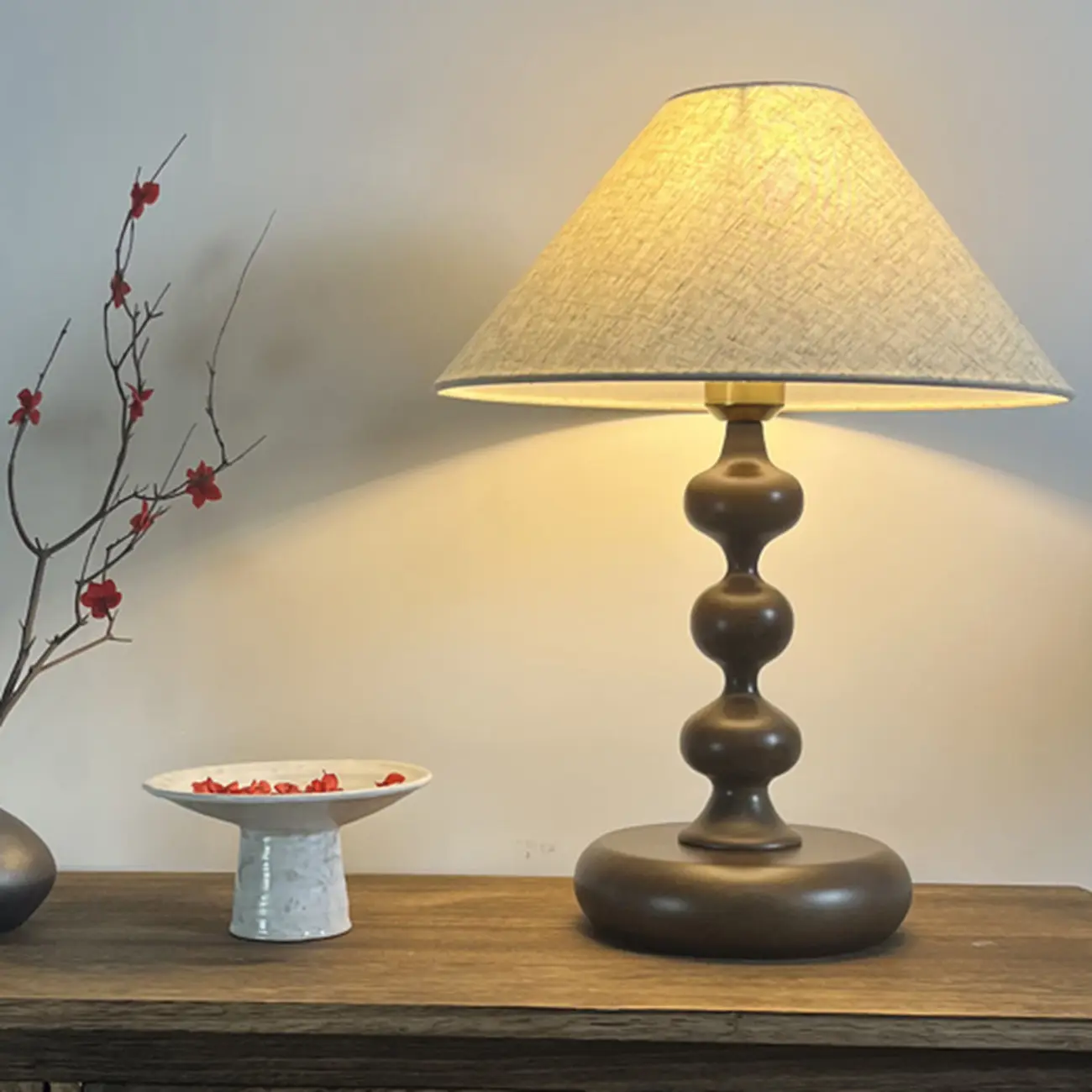 White Cone Shade Wooden Base Table Lamp for Bedroom