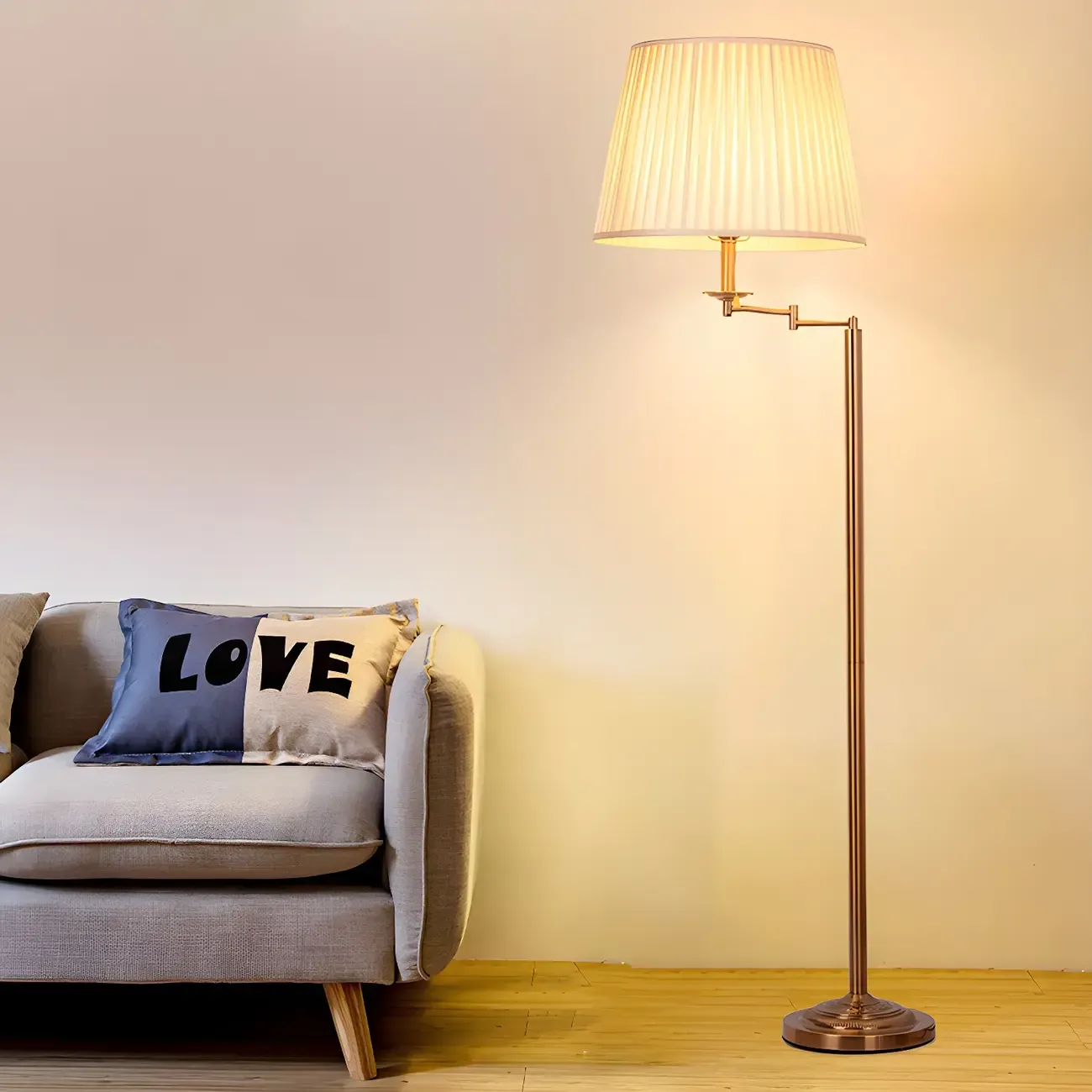 Modern Brass Swing Arm Floor Lamp Fabric Barrel Shade