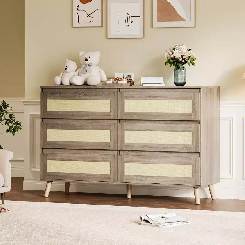 Rattan Dresser for Bedroom with 8 Drawers, 47.2 Wide Chest of Drawers, Modern Wooden Double Dresser TV Stand with Wood Legs