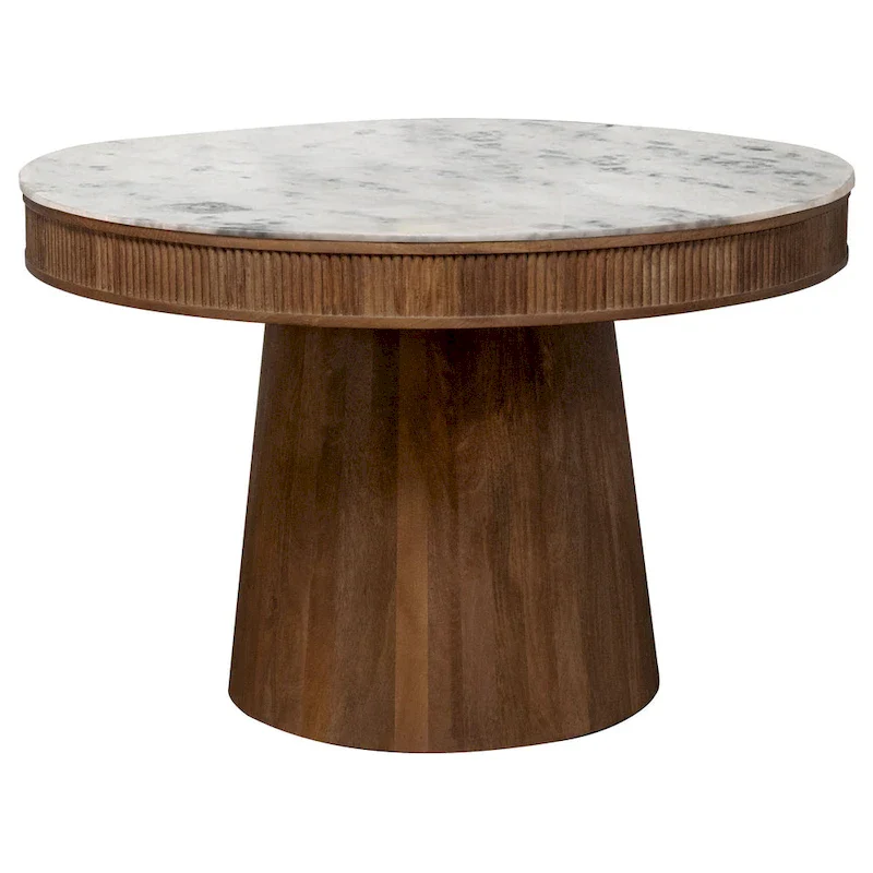 46 Inch Dining Table, Round Marble Top, Pedestal Base, Fluted, Brown