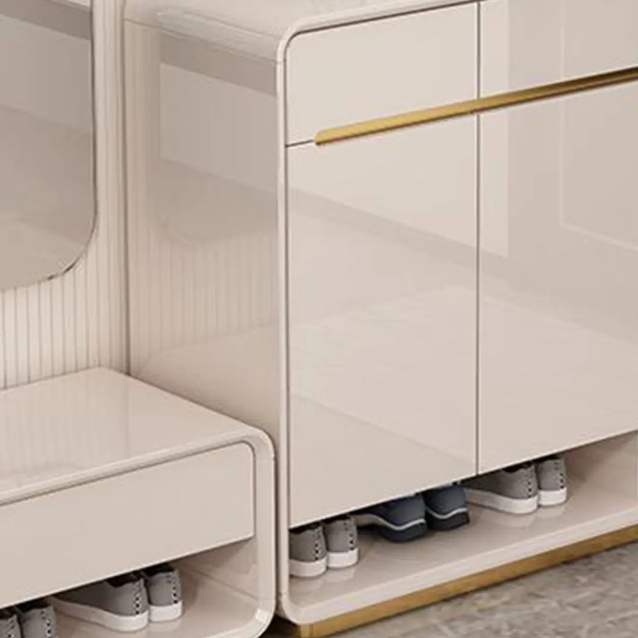 Glam Beige Solid Wood Shoe Cabinet with Display Top