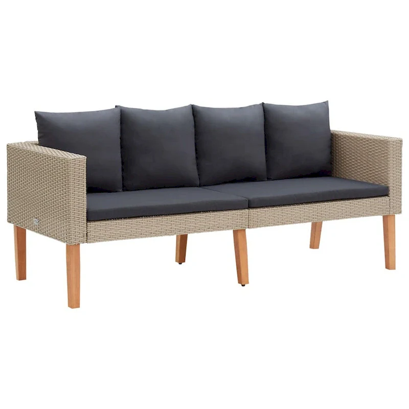 Outdoor Sofa, Beige Rattan, Gray Fabric Cushions, Brown Wood, 65 Inch
