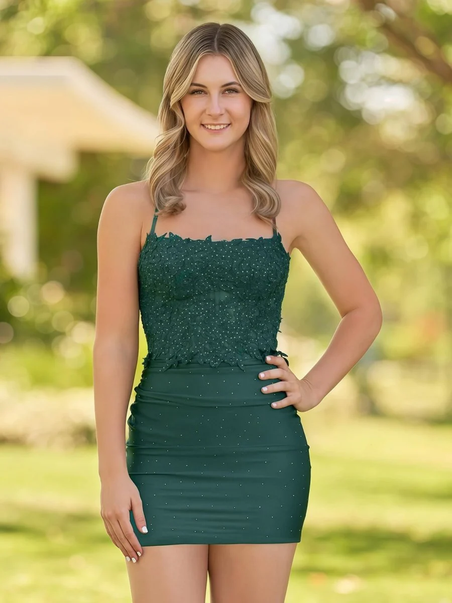 Bodycon Dark Green Spaghetti Straps Short Homecoming Dress with Appliques