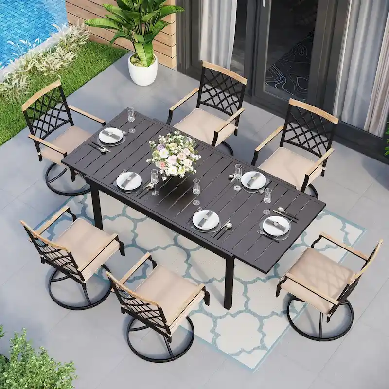 MAISON ARTS 7/9-Piece Outdoor Patio Dining Set, 6/8 Metal Swivel Dining Chairs, 1 Rectangular Expandable Table