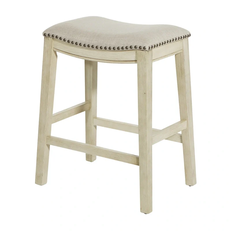 Antique White Saddle Bar Stool Set of 2 – Counter Height, Beige Fabric Seat