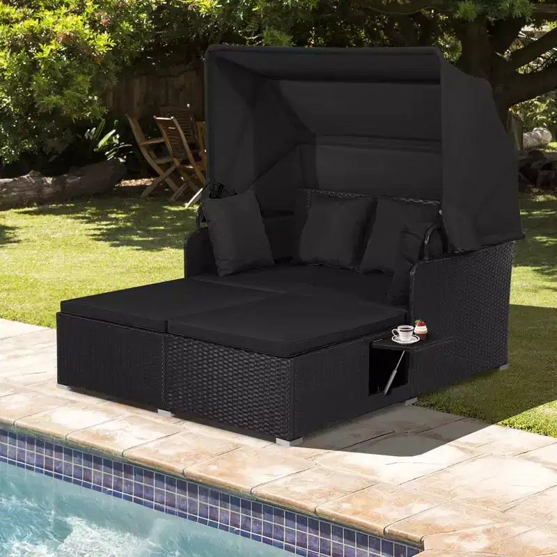 Costway Patio Rattan Daybed Lounge Retractable Top Canopy Side Tables Cushions Off White/Red/Turquoise/Beige