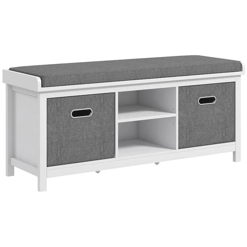 White & Gray Entryway Storage Bench with Cushion, 2 Drawers & Adjustable Shelf, 1-Person