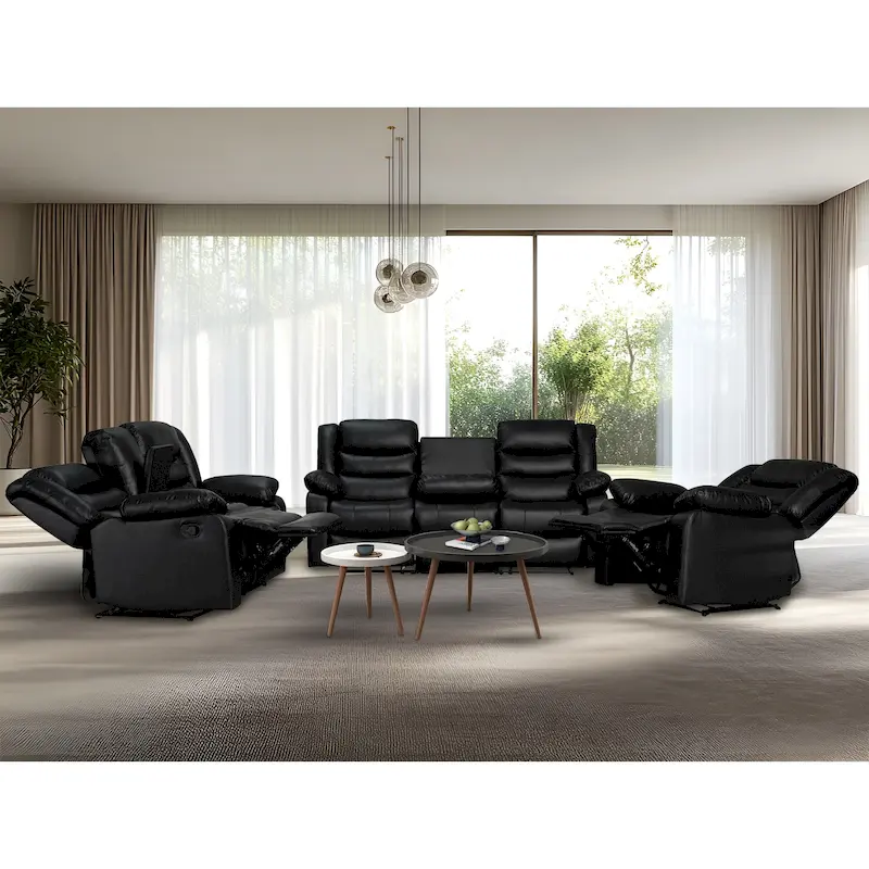 Manual Reclining 3-Piece Living Room Sofa Set - Sofa with Dropdown Table, Loveseat with Console, and Recliner