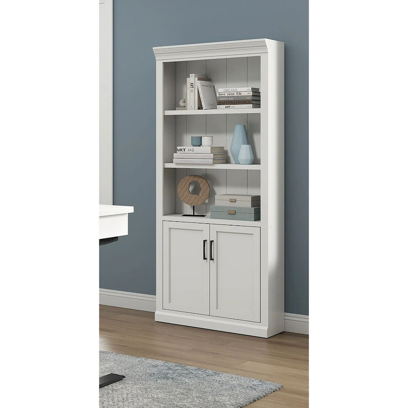 Modern Wood Lower Doors Bookcase, Office Bookcase, Office Shelving, Office Storage, Fully Assembled, White