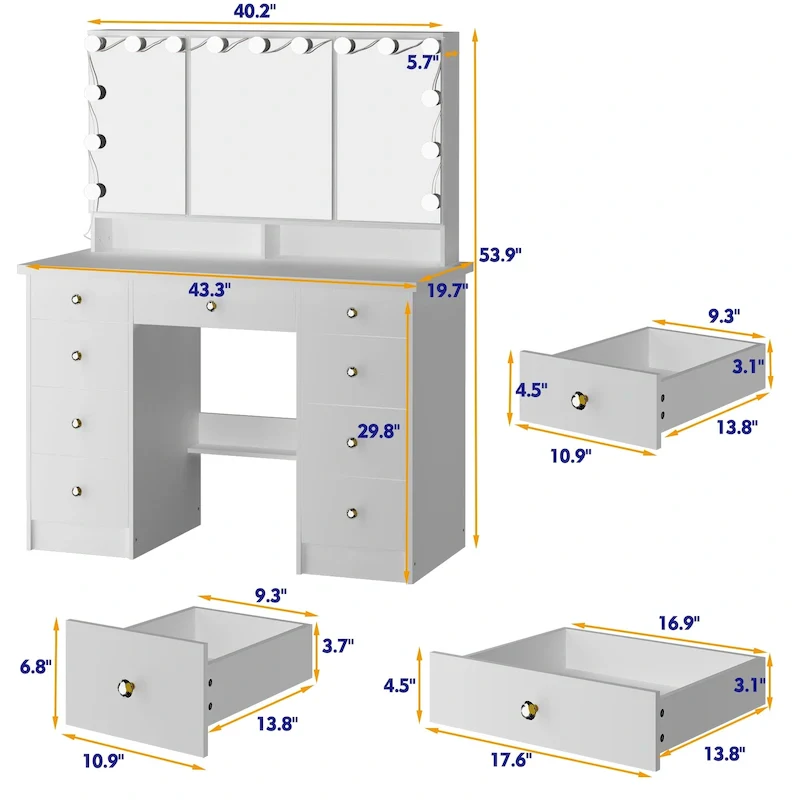 Luxurious LED Makeup Vanity with 9 Drawers Elegant Makeup Station