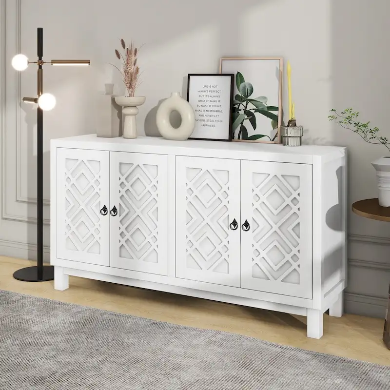 4-Door Buffet Cabinet with Rhombus Pattern Doors and Pull-Ring Handles