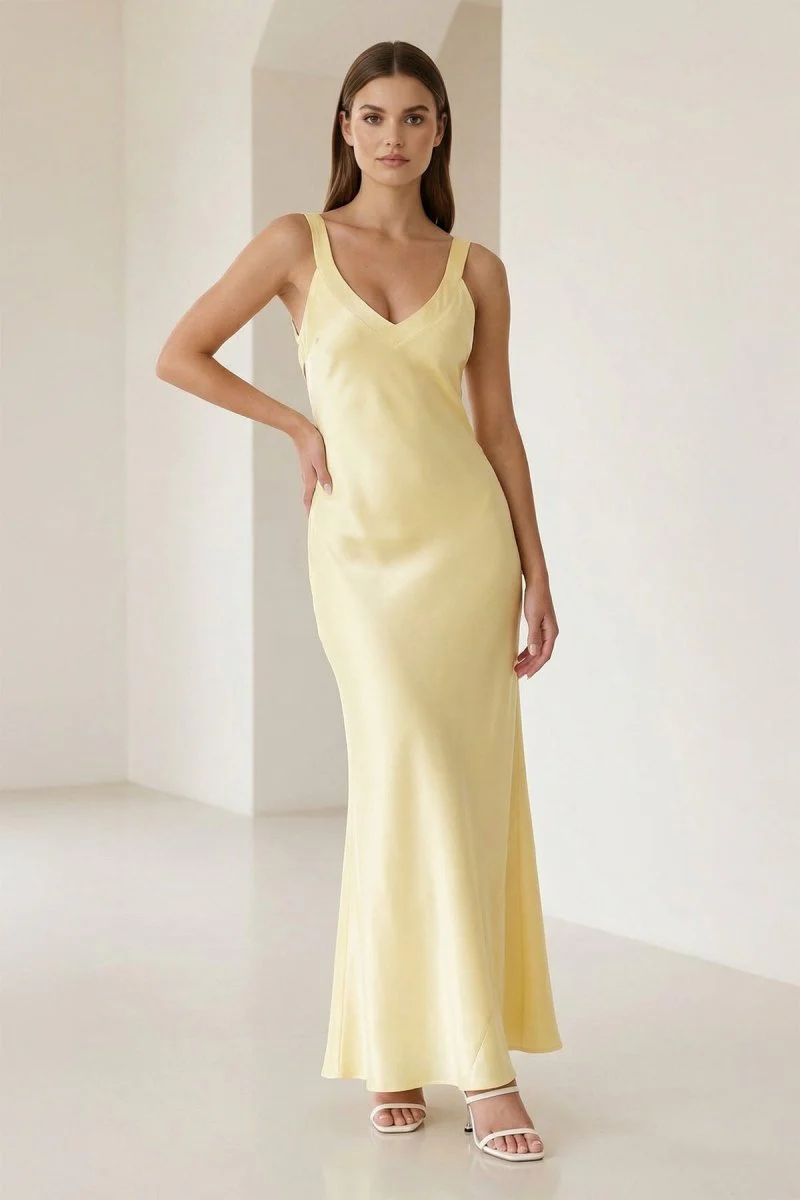 Yellow Mermaid Satin V Neck Long Party Dress