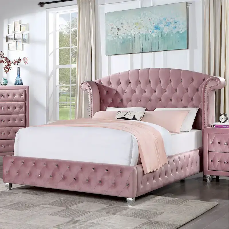 Pink Tufted Wingback Bed with Nailhead Trim