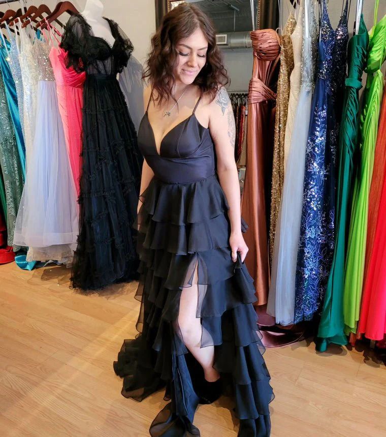 V-Neck Straps Ruffle Chiffon Prom Dress with Slit