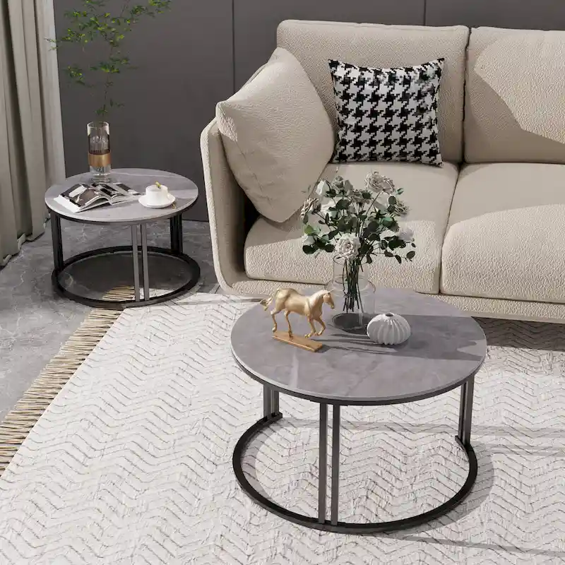 2X Round Nested Coffee Table SinteredStone Top Metal Tables - 27x16
