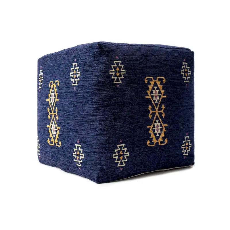 Sevita Navy/Mustard Traditional Damask Polyester Blend Pouf