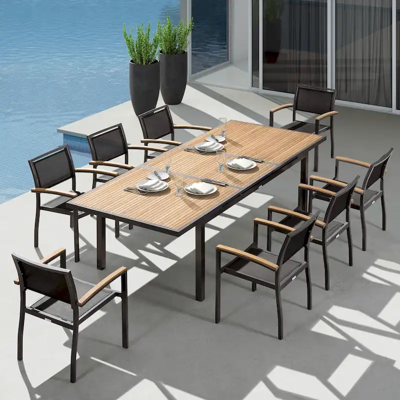 HIGOLD - Heck 9 Pieces Retractable Patio Dining Sets for 8 Seaters Outdoor Dining, Grade A Teak, Space Alum, Matte Charcoal