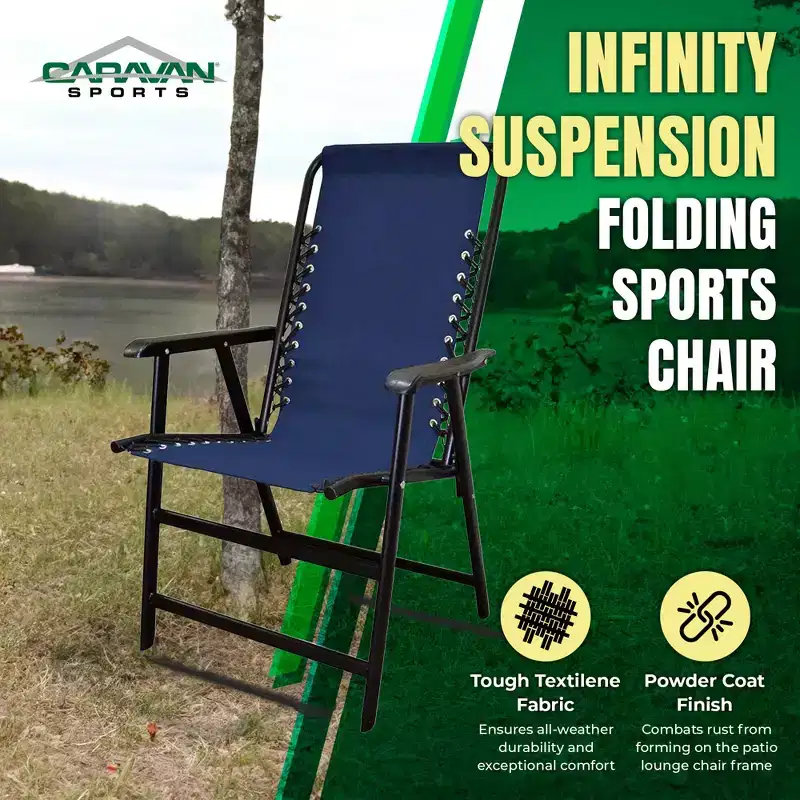Caravan Canopy Suspension Portable Folding Sports Chair with Bungee Suspension and Textaline Fabric, 300 Pound Weight Capacity, Blue