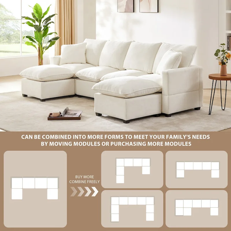 Modern 6-Seat Free Combination U-Shaped Modular Sofa, Sectional Couch Set with 2 Pillows