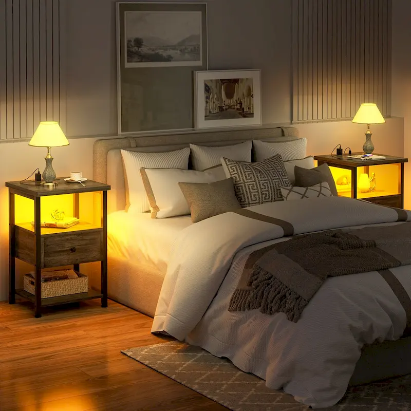 2-piece Farmhouse Wood End Table Drawers Nightstand with Charge Station - Set of 2