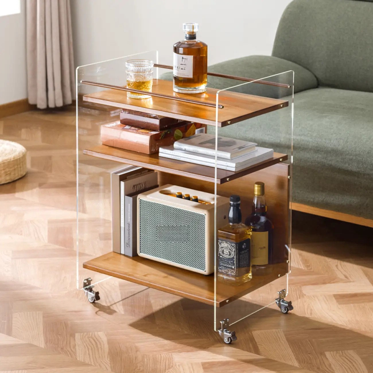 Trendy Moso Bamboo Acrylic 3-Shelf Side Table with Wheels