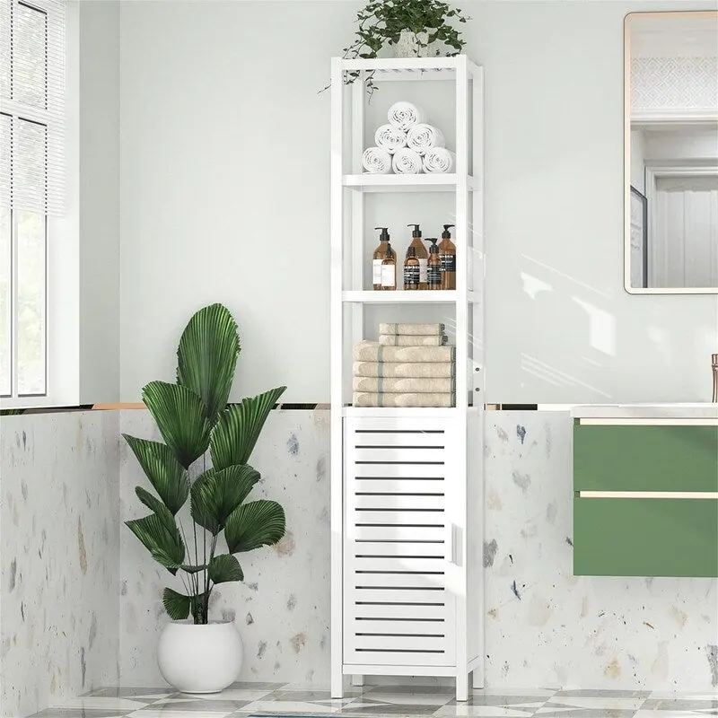 White Wood Finish Tall Slim Floor Cabinet with Shutter Door, 1-Person
