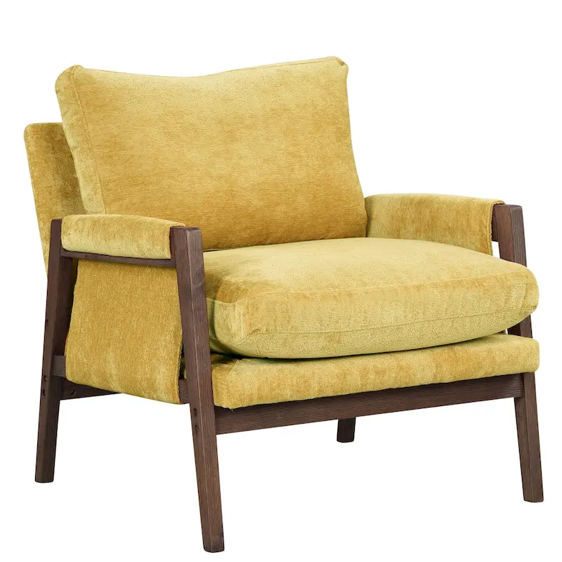Yellow Velvet Armchair with Rubberwood Frame and Padded Feet
