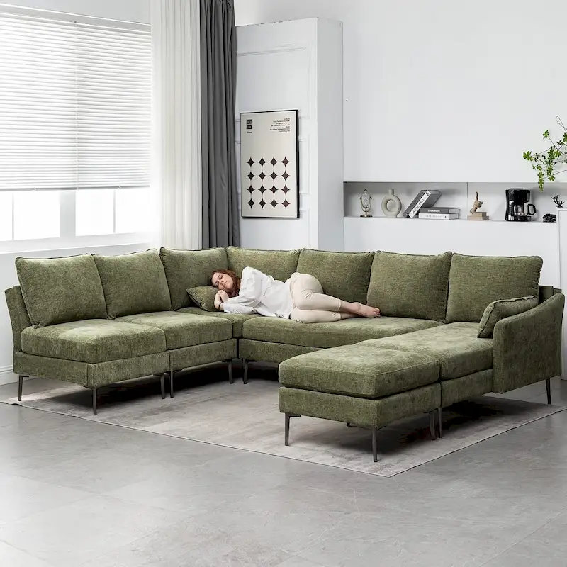U-Shaped 6-Seat Sectional Sofa, Reversible Sleeper in Modern Chenille Design, with Chaise Lounge and Ottoman