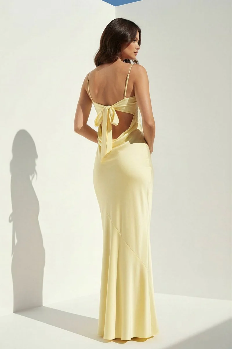 Yellow Spaghetti Straps Sheath Satin Open Back Long Prom Dresses