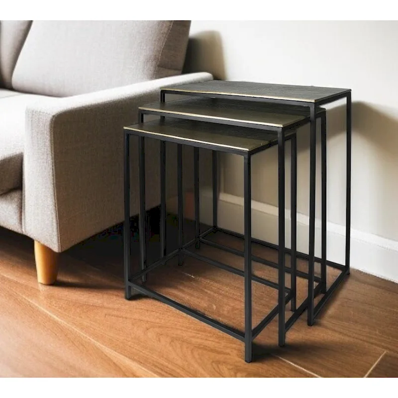 HomeRoots Set of Three Brass and Black Aluminum and Iron Frame Nested Tables - 11.5' X '26' X '21